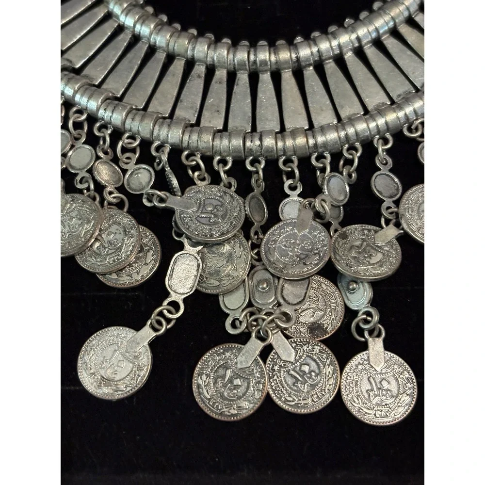 Bohemian Tribal Style Statement‎ Bib Necklace Silver Tone Arabic Coin Accents